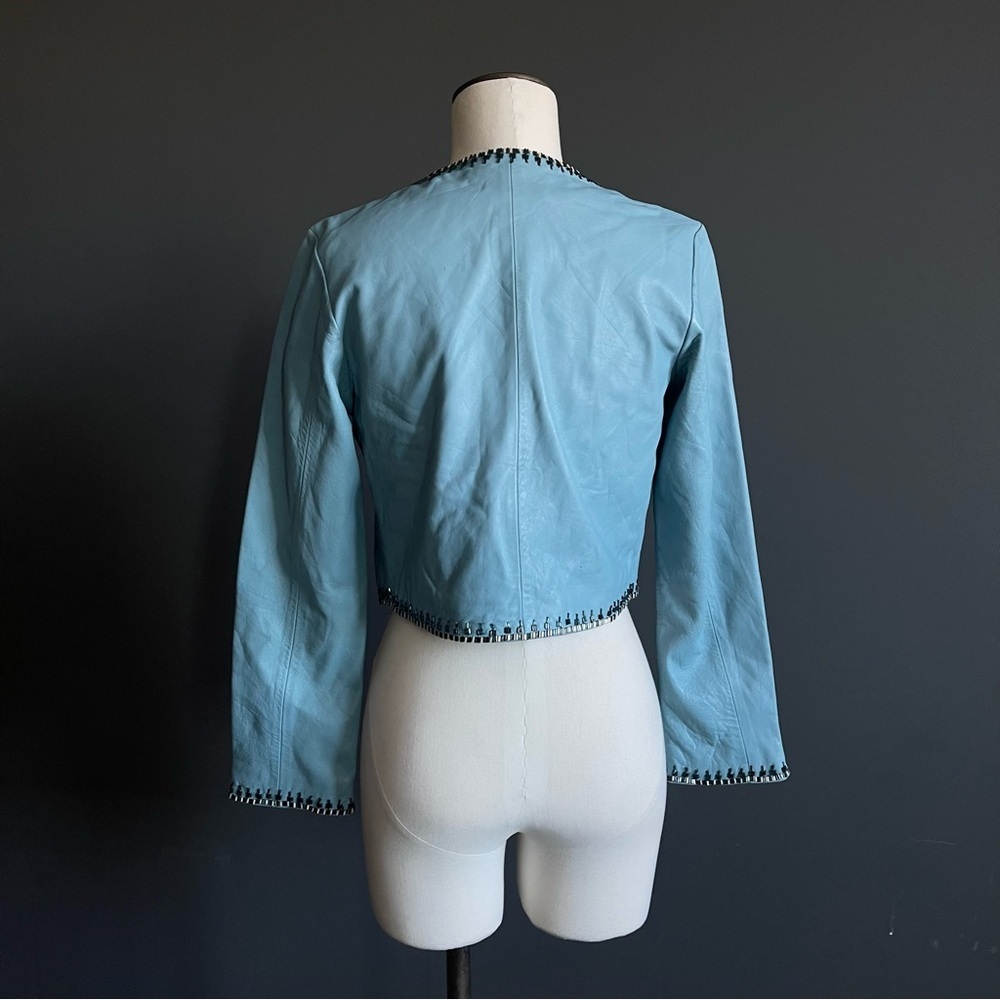 Jane Doe Collection Sky Blue Beaded Trim Cropped Leather Jacket Coastal Cowgirl - Picture 5 of 8